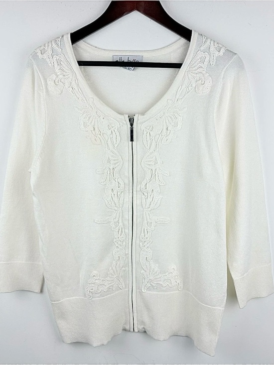 elle bon Sweaters - Women’s Vintage Crochet Embroidered Zip Cardigan Sweater Ivory Boho Cottage Sz L